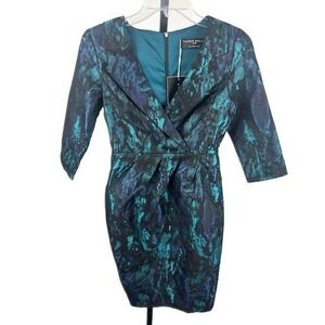 New Modern Chic Paper Dolls London‎ Abstract Blue Green Brocade Dress Size 4
